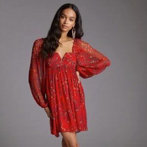 LET ME BE - ANTHROPOLOGIE red floral babydoll mini dress